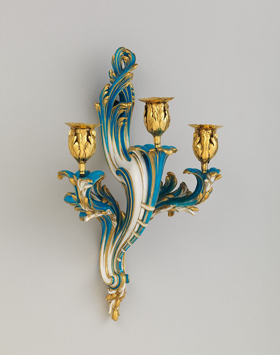 Two wall sconces (Bras de cheminée), Model attributed to Jean-Claude Duplessis (French, ca. 1695–1774, active 1748–74), Soft-paste porcelain decorated in polychrome enamel, gold, gilt bronze, French, Sèvres