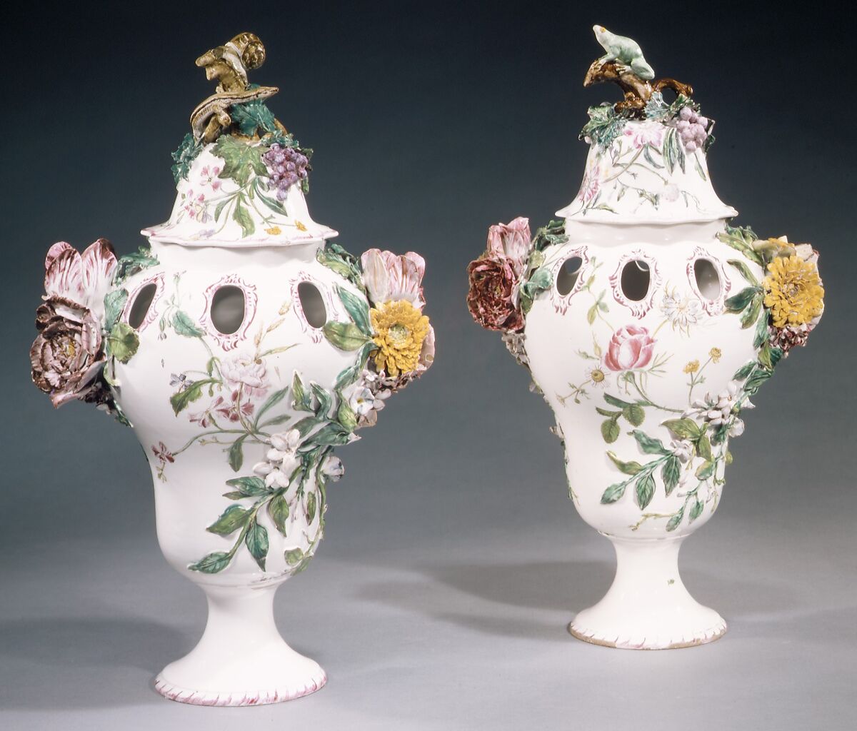 Pair of potpourri vases, Veuve Perrin Factory, Faience (tin-glazed earthenware), French, Marseilles 