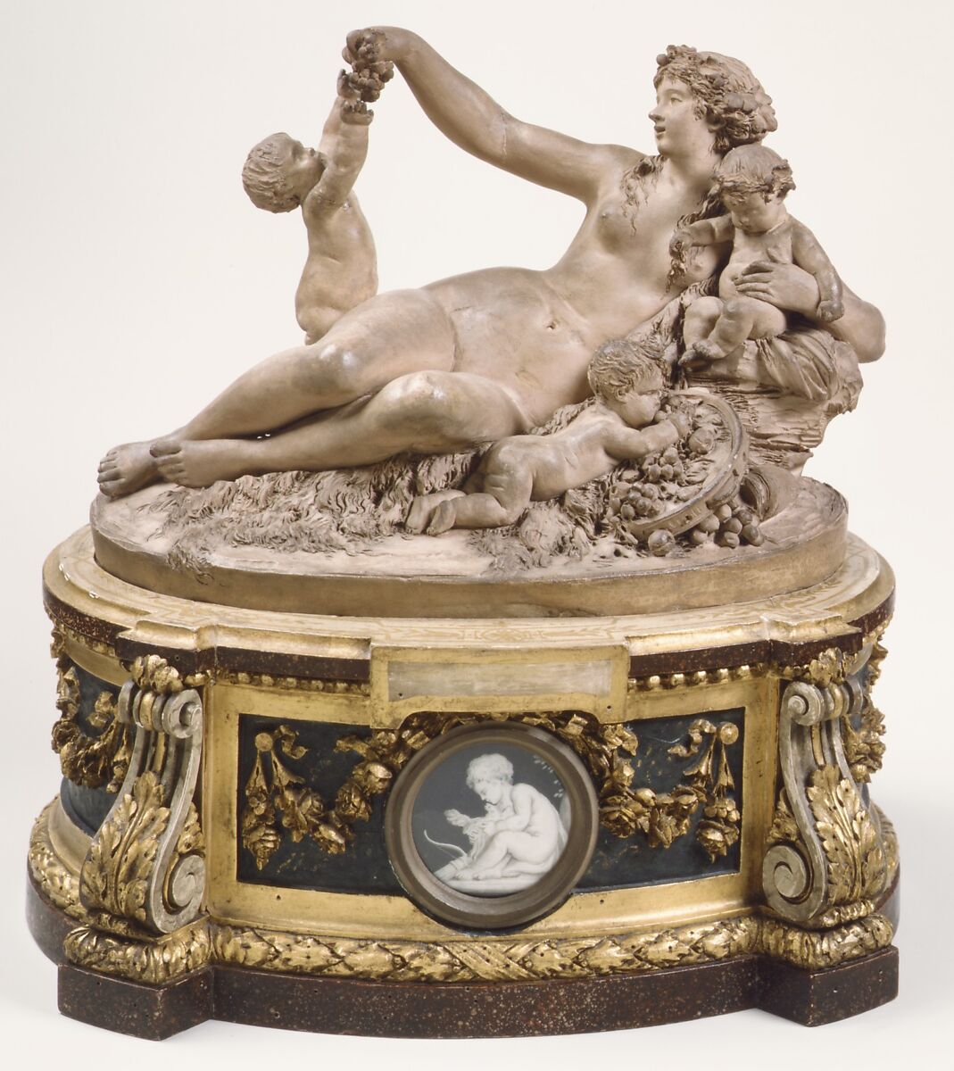 Bacchante with grapes and three infants, Joseph-Charles Marin (French, Paris 1759–1834 Paris), Terracotta, on painted and gilt wood pedestal, French, Paris 