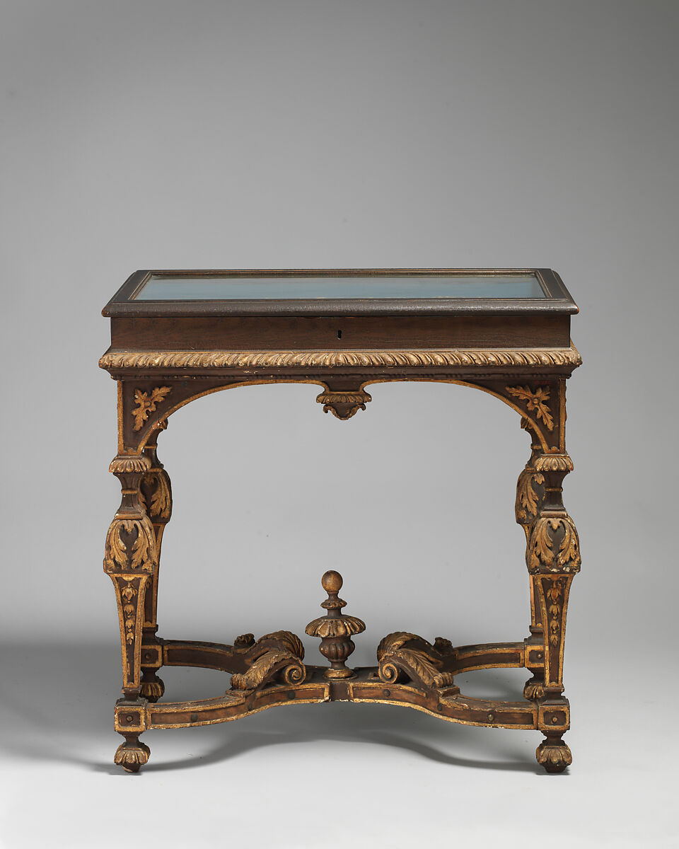 Display table, Deal, painted to imitate walnut, with gilded carving, British