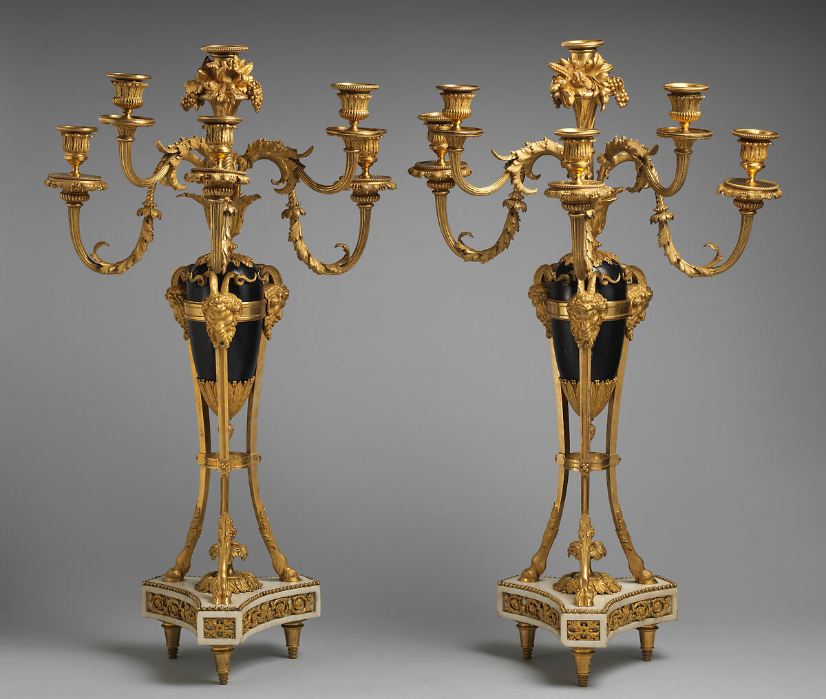 Pair of candelabra, Marble, gilded and painted bronze, French 