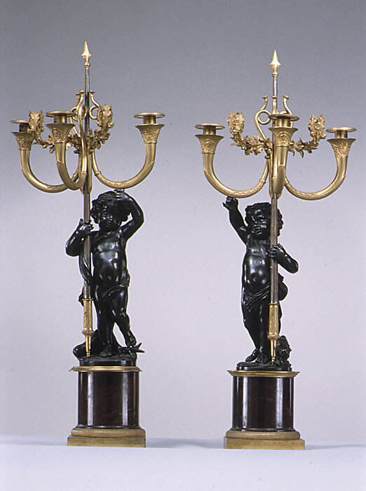 Pedestals with five-light candelabra, Patinated bronze, gilt bronze, red griotte marble, steel, French 
