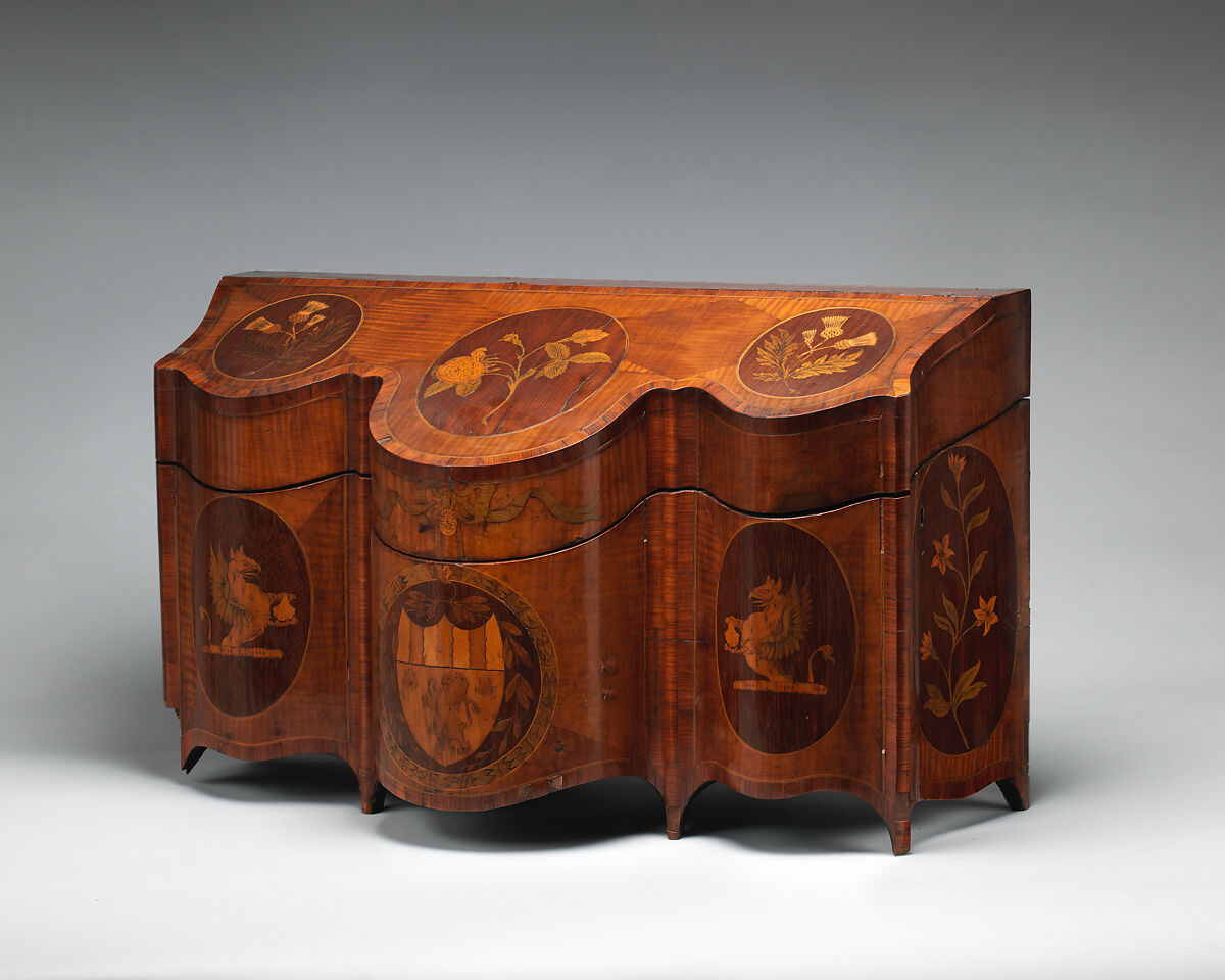Spirit case with bottles and glasses, Satinwood veneer, inlaid with tulip and other woods; glass, British 