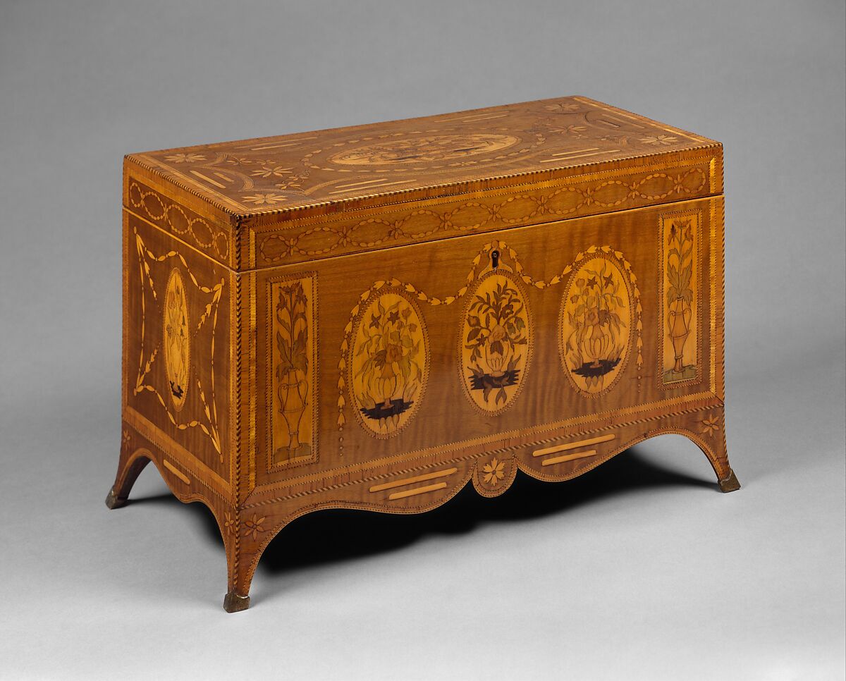 Tea chest with tea caddies, Cedar and oak veneered with maple, harewood, tulipwood, kingwood, satinwood, amaranth, holly, and stained holly; foil lining, British