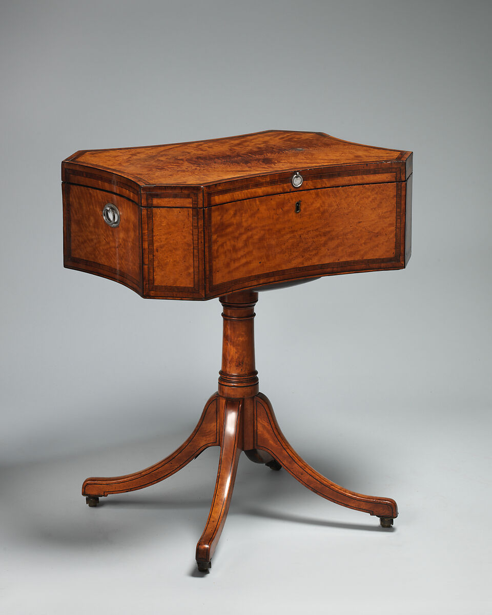 Teapoy with four oval tea caddies, Satinwood veneer, inlaid with rosewood, holly and ebony, British 