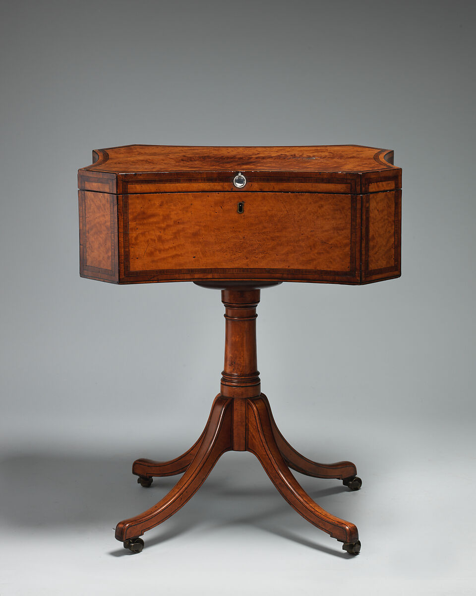 Teapoy with four oval tea caddies, Satinwood veneer, inlaid with rosewood, holly and ebony, British