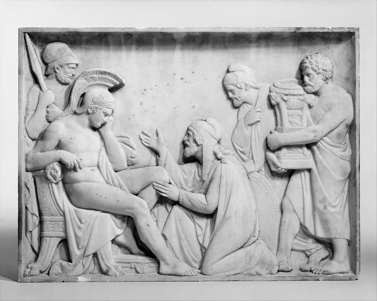 Priam Ransoming Hector's Body, Giovanni Maria Benzoni (Italian, Songavazzo, near Clusone (Lombardy) 1809–1873 Rome), White marble, Italian, Rome 