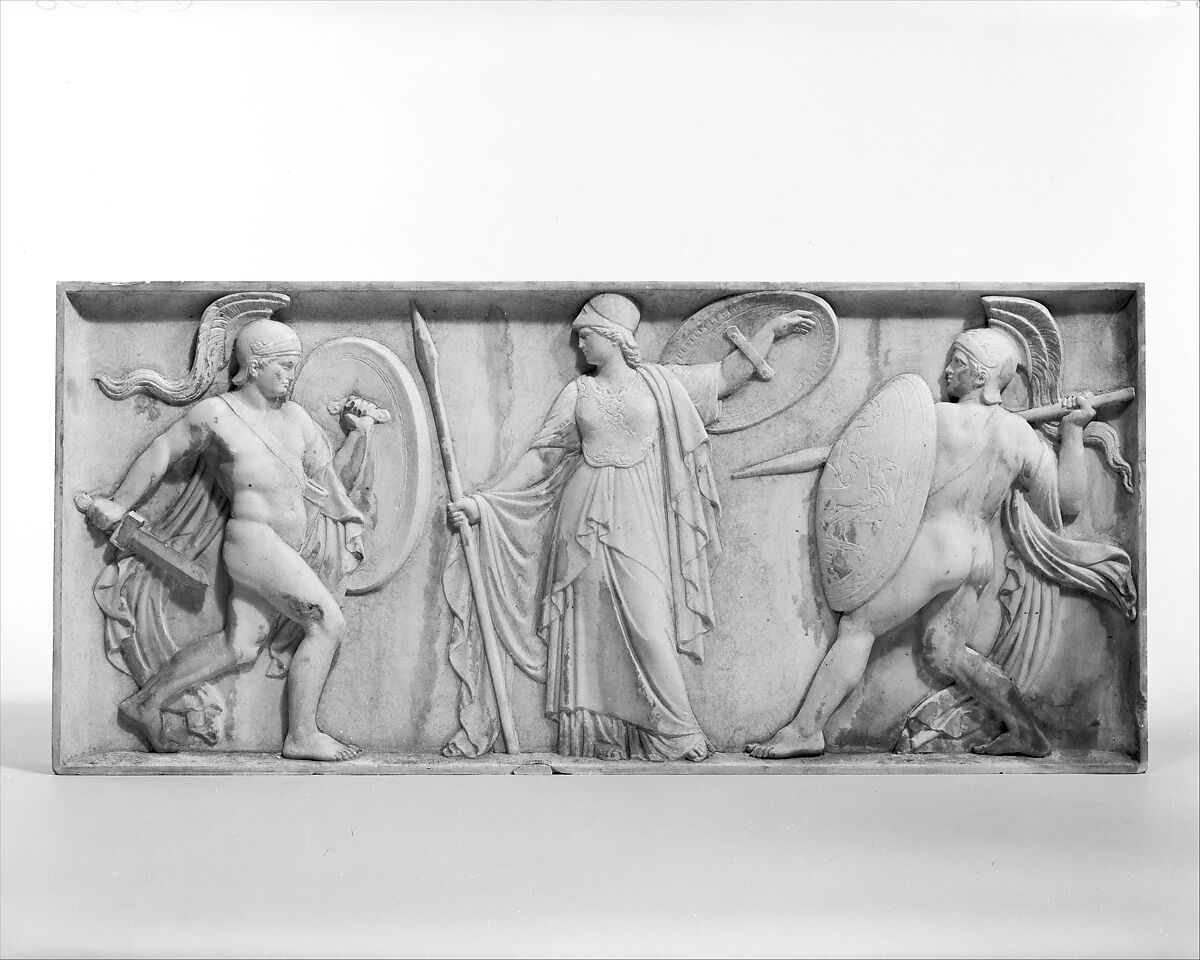 Achilles about to kill Hector, Pallas Athena between them, Giovanni Maria Benzoni (Italian, Songavazzo, near Clusone (Lombardy) 1809–1873 Rome), White marble, Italian, Rome 