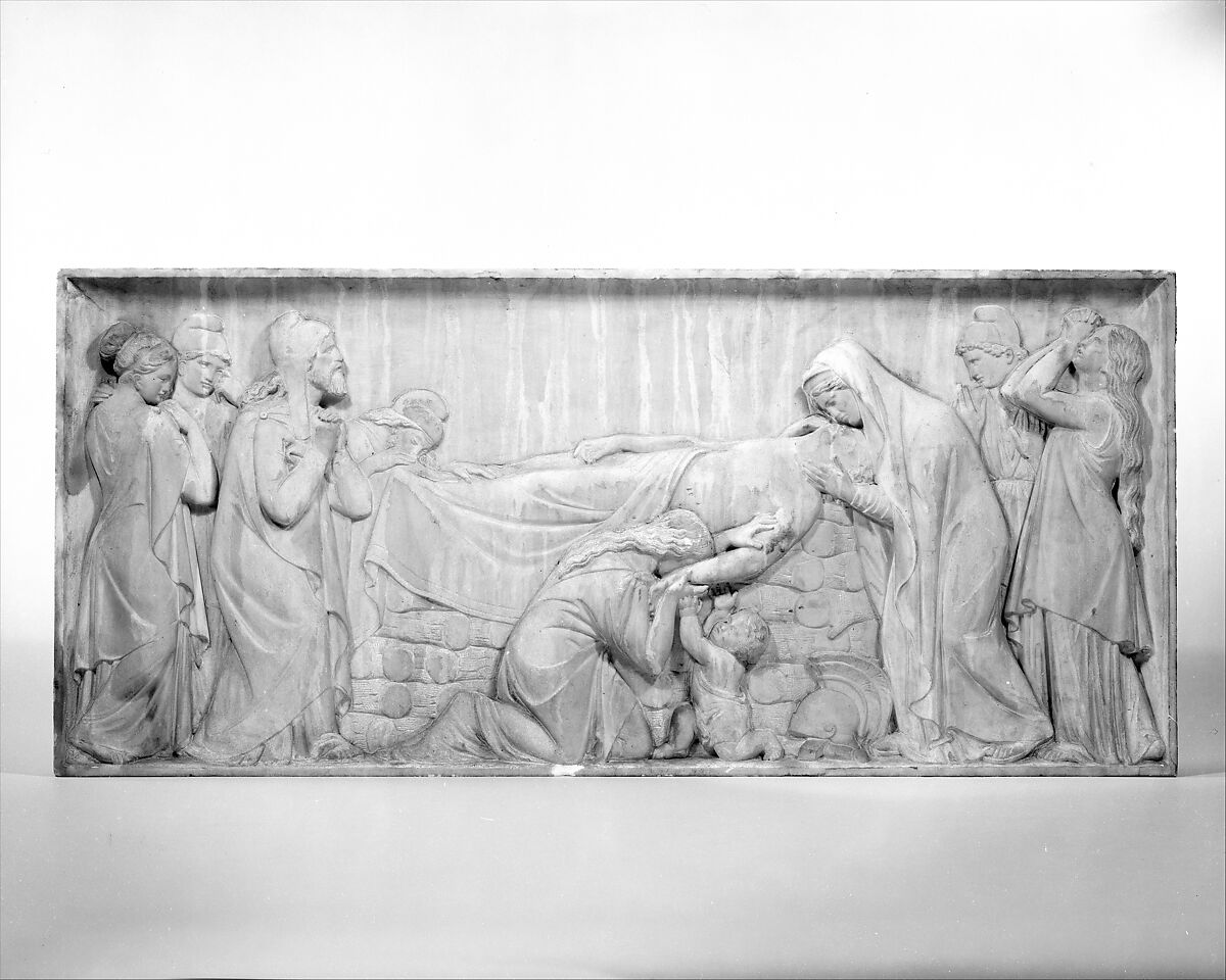 Hector lying on his funeral pyre, Giovanni Maria Benzoni (Italian, Songavazzo, near Clusone (Lombardy) 1809–1873 Rome), White marble, Italian, Rome 