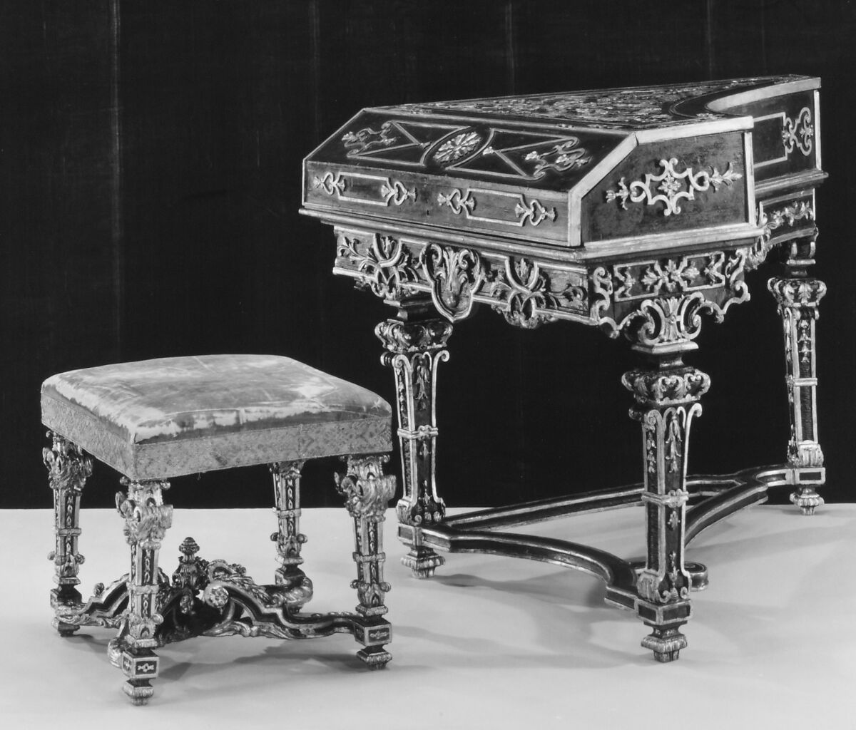 Stool for harpsicord (part of a set), Painted and gilded elm and birch; green silk velvet (not original to frame), Italian, possibly Rome