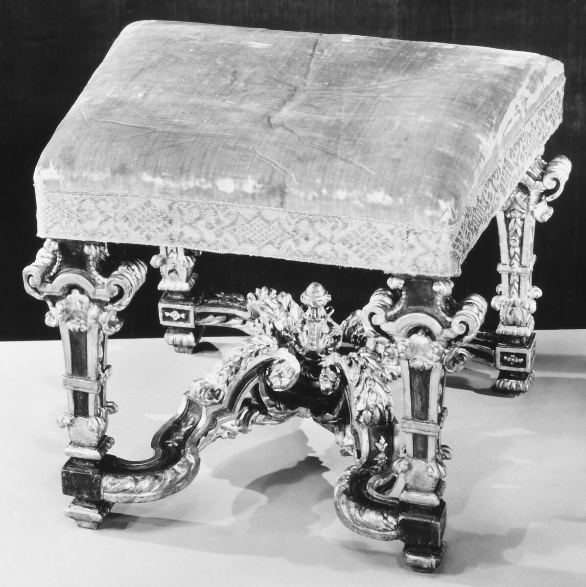 Stool for harpsicord (part of a set), Painted and gilded elm and birch; green silk velvet (not original to frame), Italian, possibly Rome 