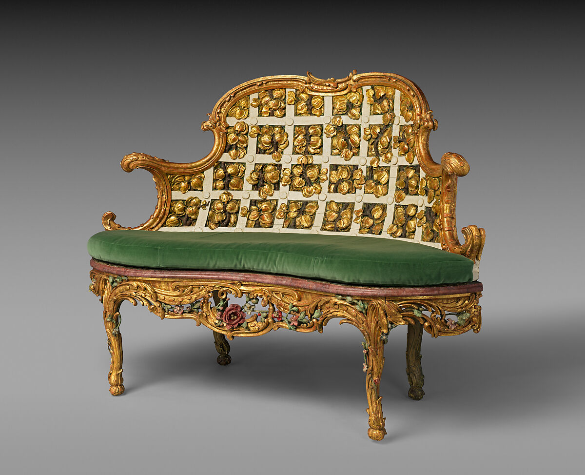 Settee (one of a pair) (part of a set), Johann Michael Bauer  German, born Westheim, Carved, painted and gilded linden wood; squab pillow in silk velvet (not original), German, Würzberg