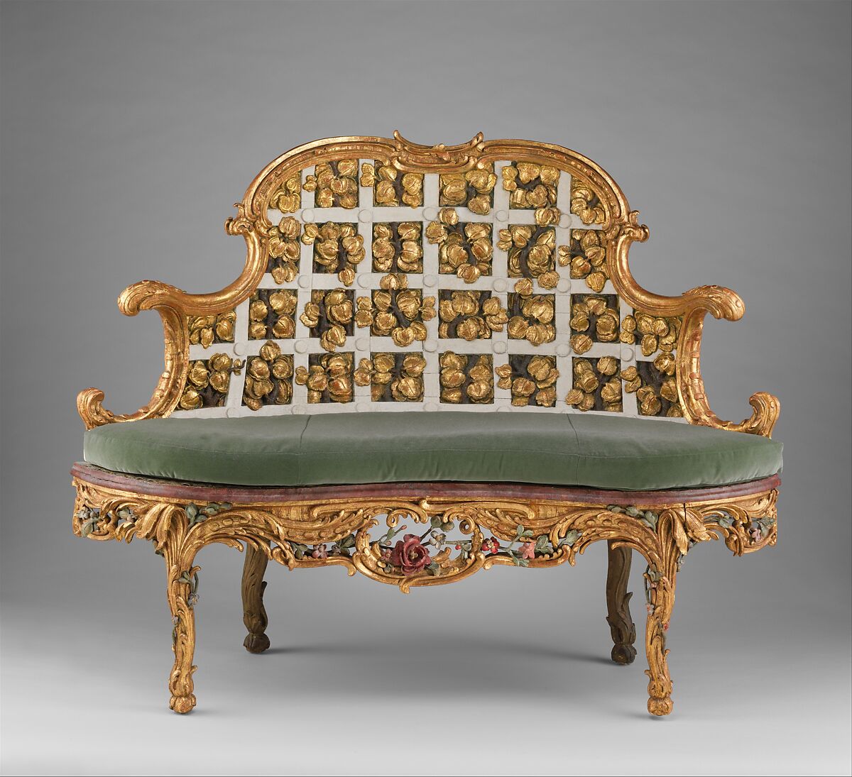 Settee (one of a pair) (part of a set), Attributed to Johann Michael Bauer (German, Westheim 1710–1779 Bamberg), Carved, painted and gilded linden wood; squab pillow in silk velvet (not original), German, Würzberg 