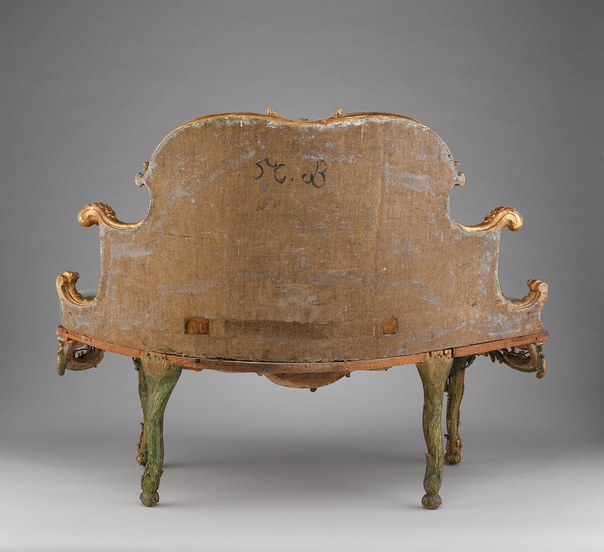 Settee (one of a pair) (part of a set), Attributed to Johann Michael Bauer (German, Westheim 1710–1779 Bamberg), Carved, painted and gilded linden wood; squab pillow in silk velvet (not original), German, Würzberg