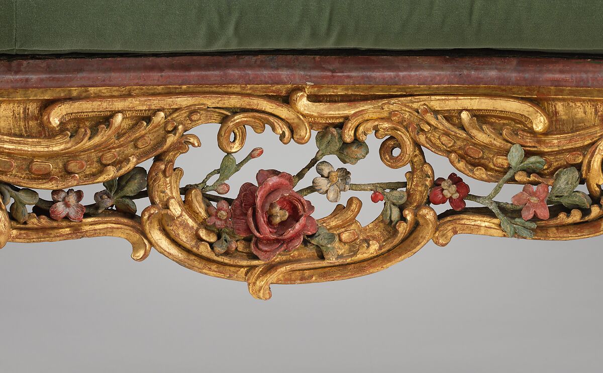 Settee (one of a pair) (part of a set), Attributed to Johann Michael Bauer (German, Westheim 1710–1779 Bamberg), Carved, painted and gilded linden wood; squab pillow in silk velvet (not original), German, Würzberg