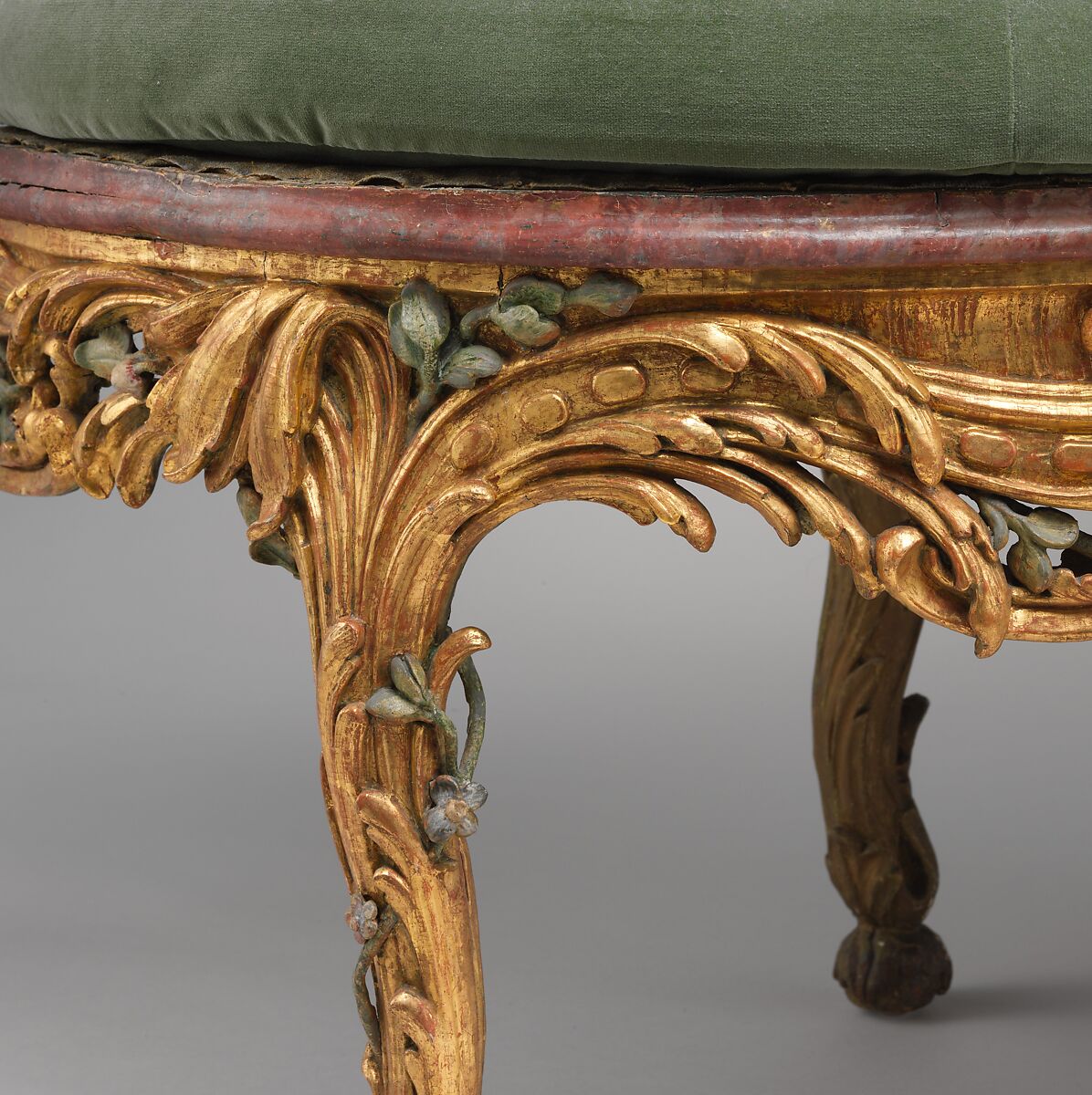 Settee (one of a pair) (part of a set), Attributed to Johann Michael Bauer (German, Westheim 1710–1779 Bamberg), Carved, painted and gilded linden wood; squab pillow in silk velvet (not original), German, Würzberg