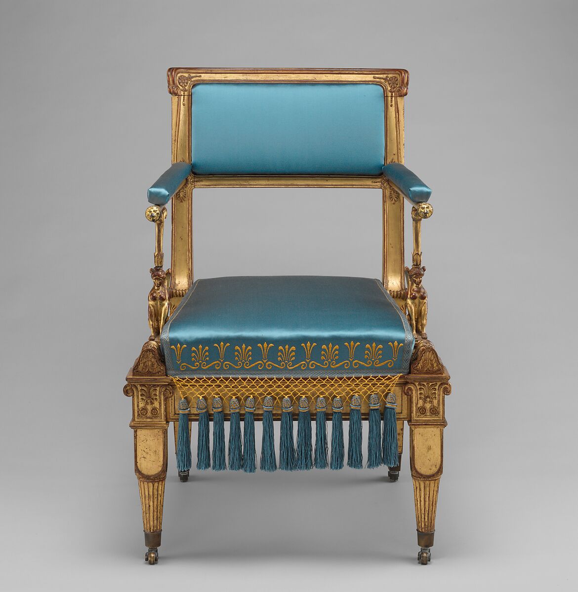 Armchair, Karl Friedrich Schinkel (German, Neuruppin 1781–1841 Berlin), Gilded mountain ash; brass mounts and casters; modern upholstery, German, Berlin