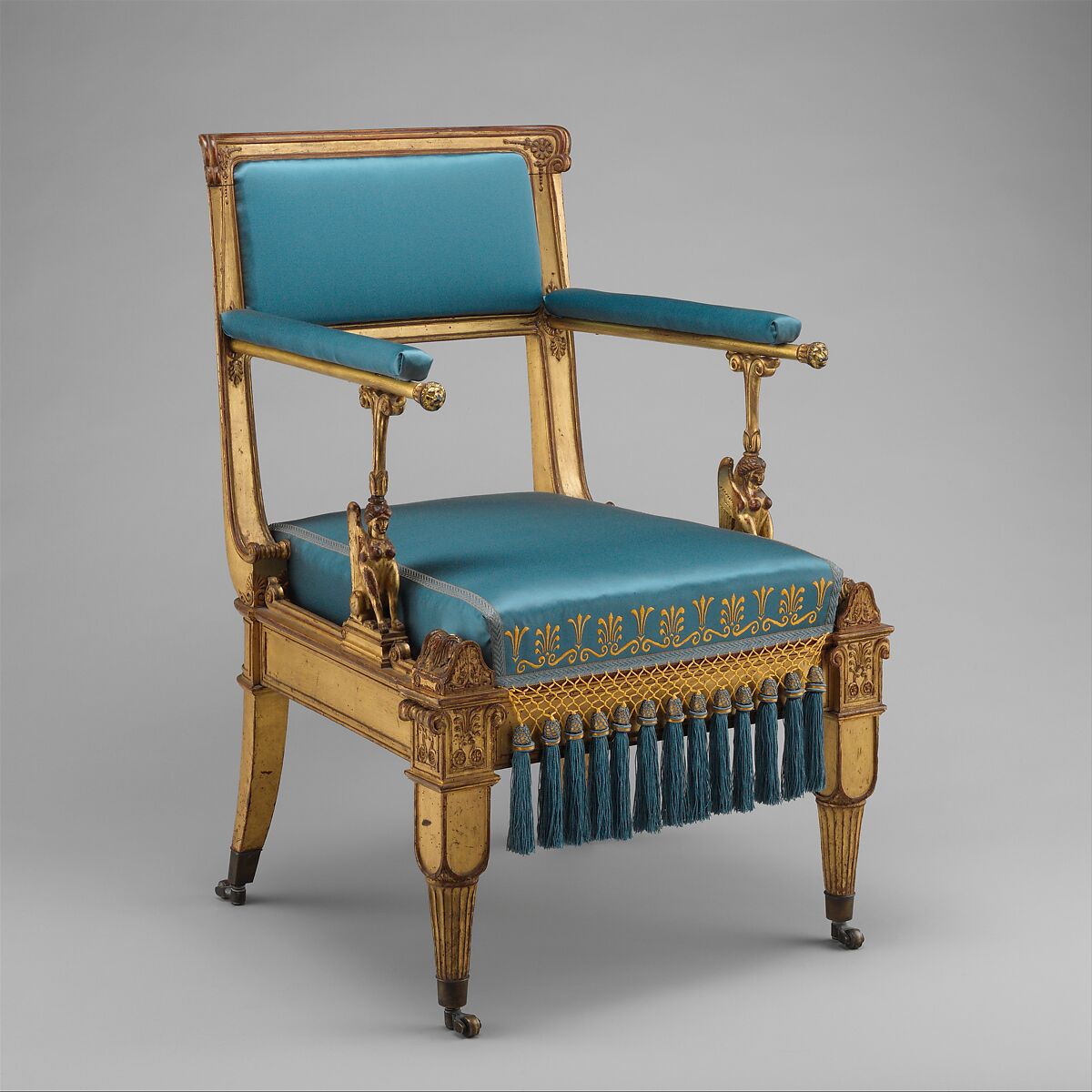 Armchair, Karl Friedrich Schinkel (German, Neuruppin 1781–1841 Berlin), Gilded mountain ash; brass mounts and casters; modern upholstery, German, Berlin 