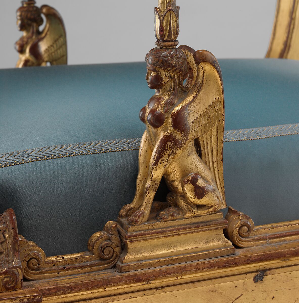 Armchair, Karl Friedrich Schinkel (German, Neuruppin 1781–1841 Berlin), Gilded mountain ash; brass mounts and casters; modern upholstery, German, Berlin