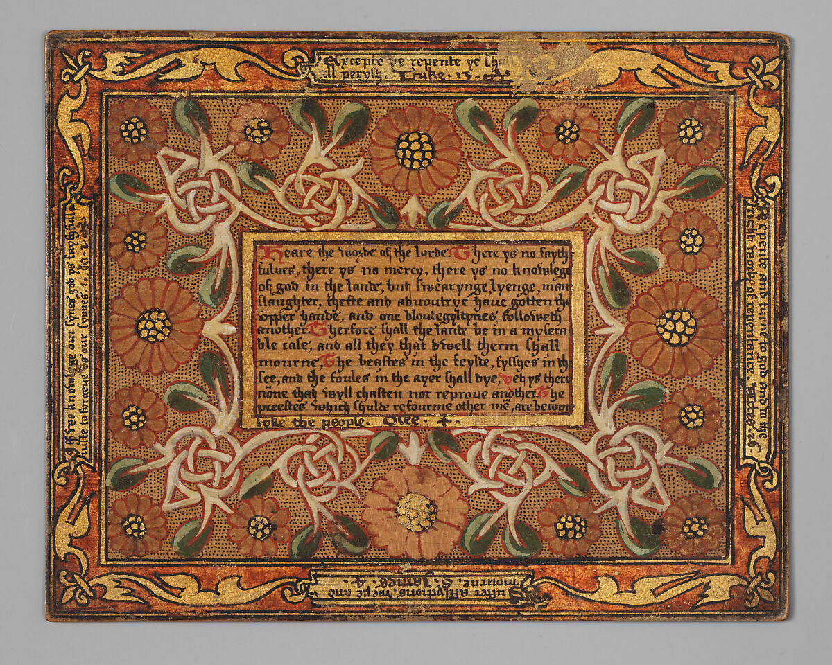 Trencher with quotation from The Governance of Virtue (1566) (one of a set), Sycamore wood, painted and gilded, British 