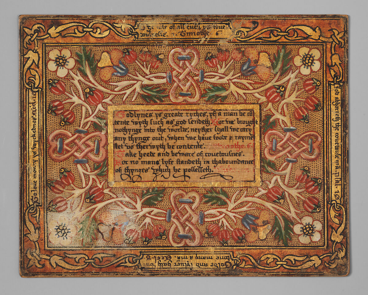 Trencher with quotation from The Governance of Virtue (1566) (one of a set), Sycamore wood, painted and gilded, British 