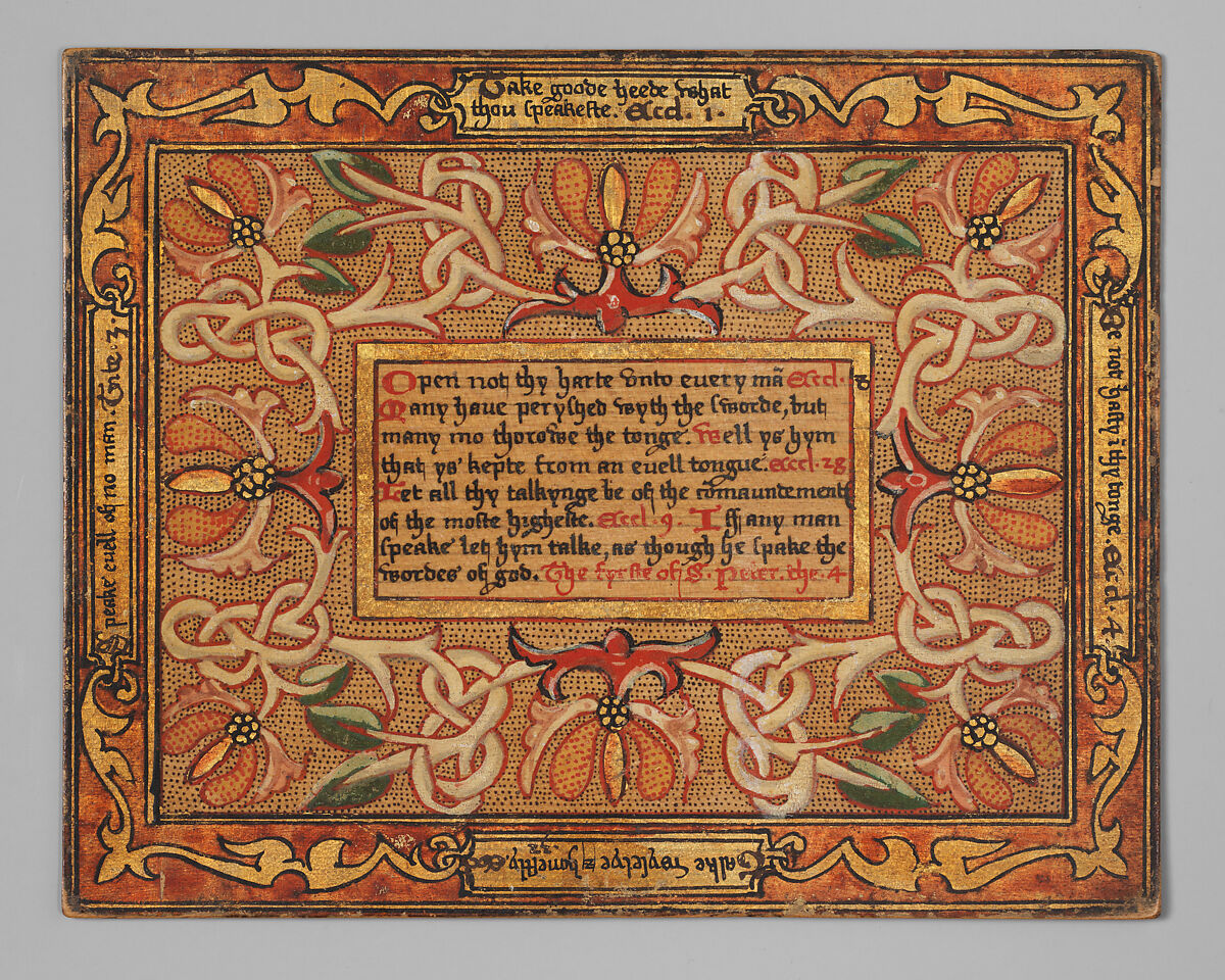 Trencher with quotation from The Governance of Virtue (1566) (one of a set), Sycamore wood, painted and gilded, British 