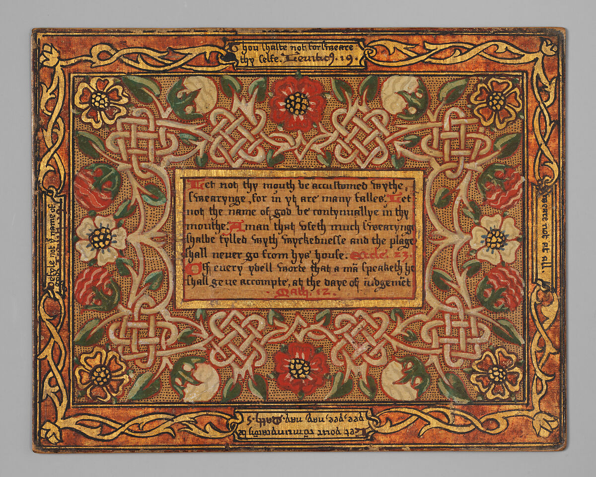 Trencher with quotation from The Governance of Virtue (1566) (one of a set), Sycamore wood, painted and gilded, British 