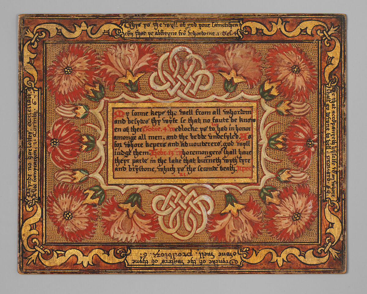 Trencher with quotation from The Governance of Virtue (1566) (one of a set), Sycamore wood, painted and gilded, British 