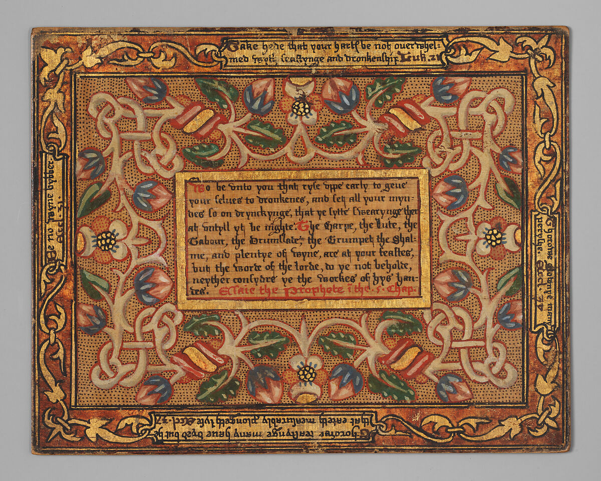 Trencher with quotation from The Governance of Virtue (1566) (one of a set), Sycamore wood, painted and gilded, British 