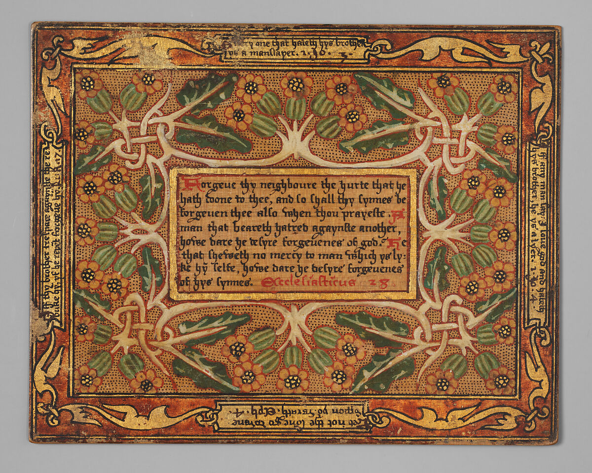 Trencher with quotation from The Governance of Virtue (1566) (one of a set), Sycamore wood, painted and gilded, British 