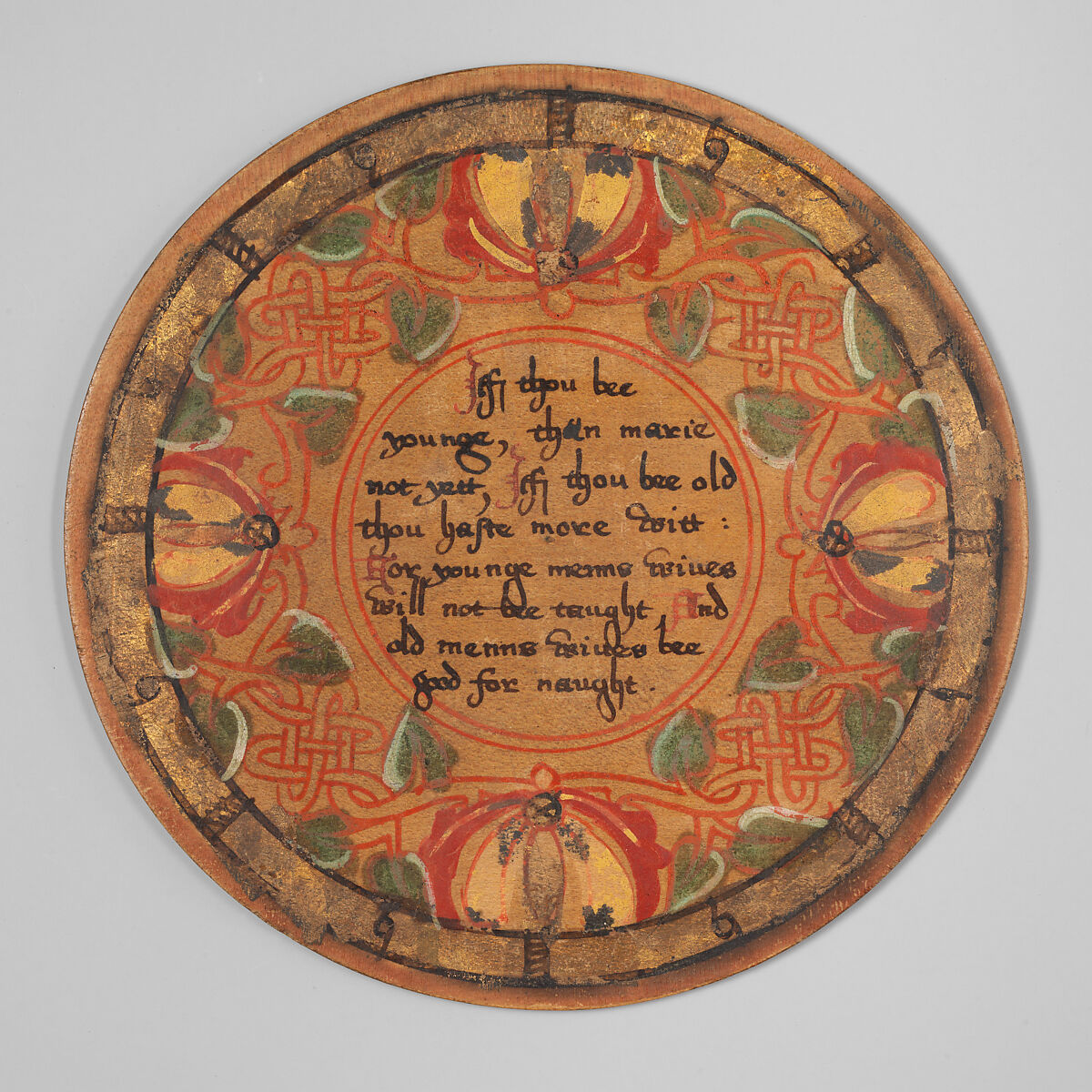 Trencher (one of a set), Oak and sycamore woods, painted, silvered and yellow varnished; inscription: ink (animal or vegetable), British 