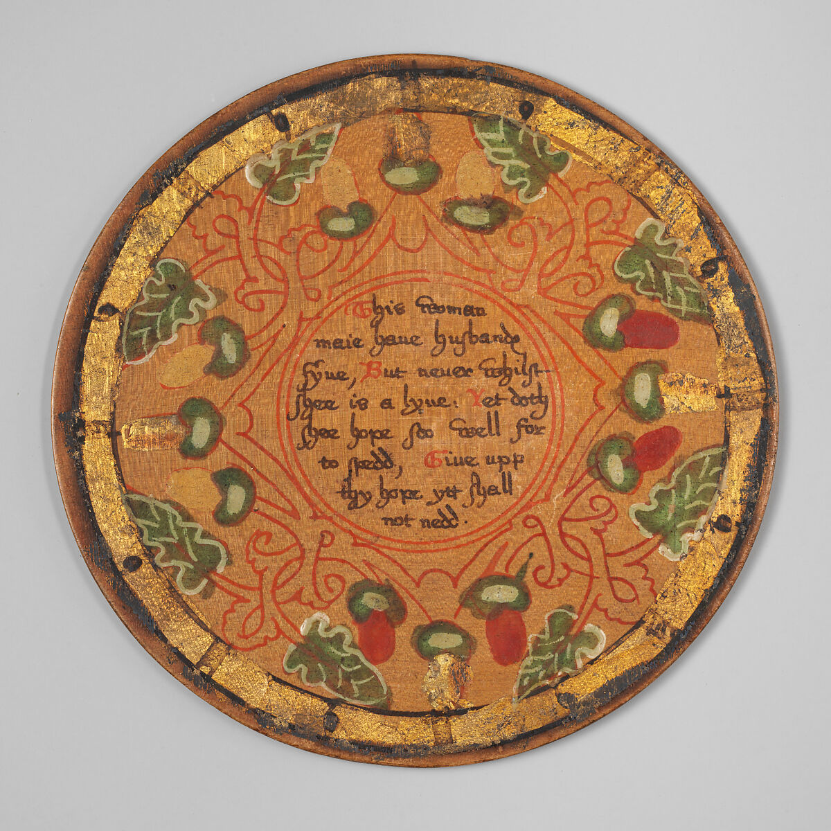 Trencher (one of a set), Oak and sycamore woods, painted, silvered and yellow varnished; inscription: ink (animal or vegetable), British 