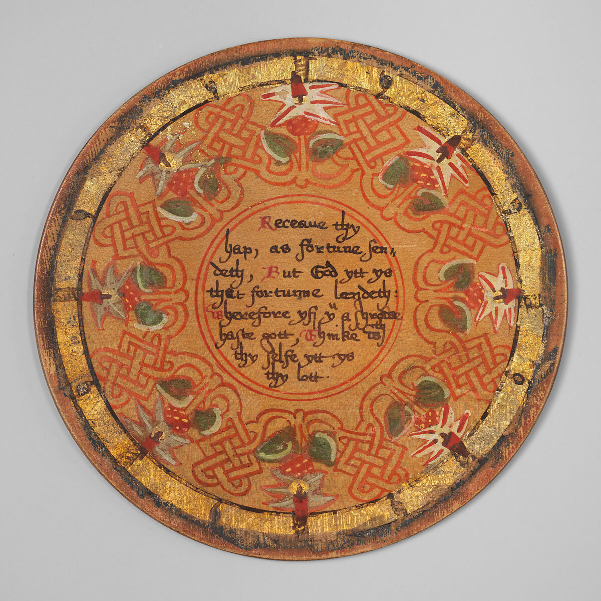 Trencher (one of a set), Oak and sycamore woods, painted, silvered and yellow varnished; inscription: ink (animal or vegetable), British 