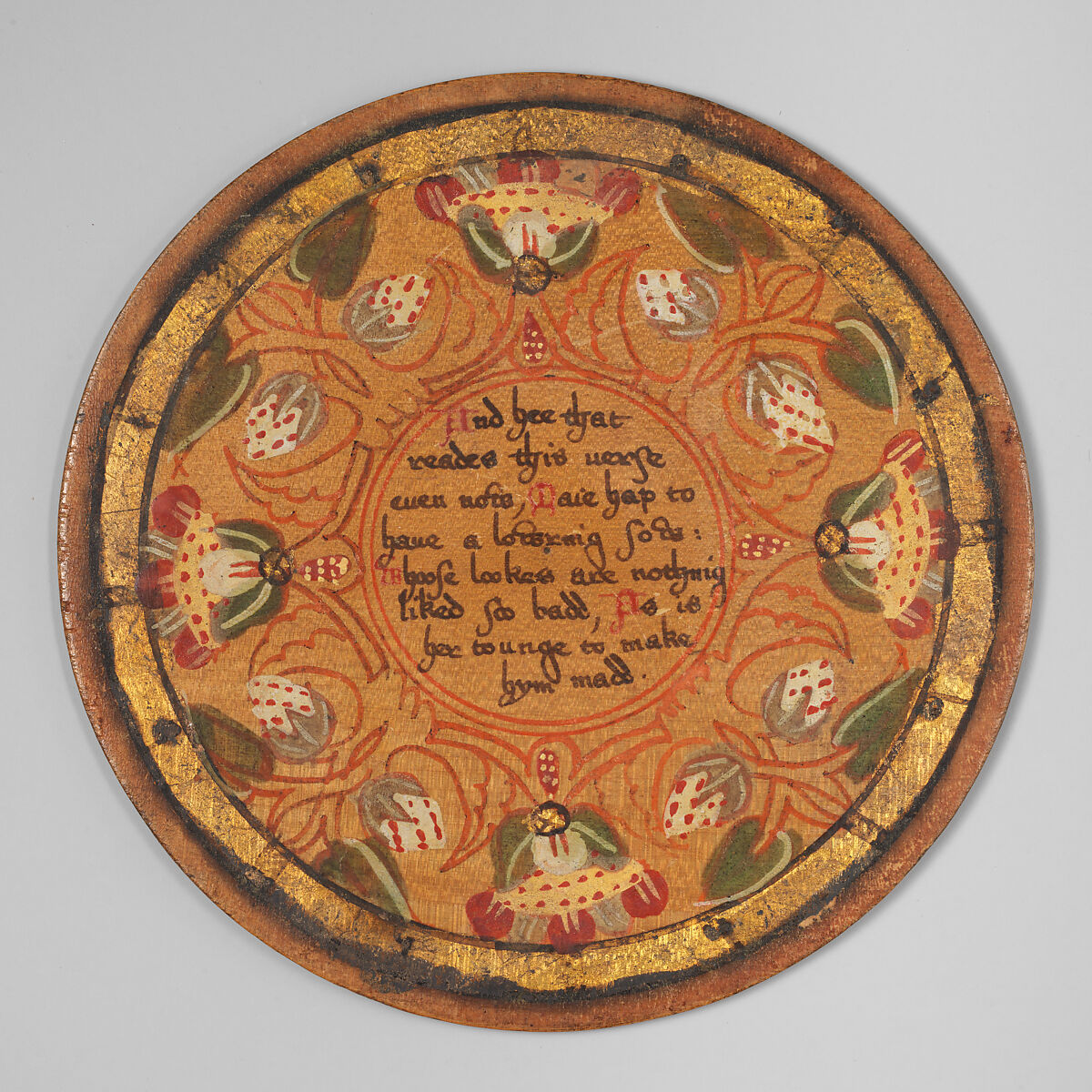 Trencher (one of a set), Oak and sycamore woods, painted, silvered and yellow varnished; inscription: ink (animal or vegetable), British