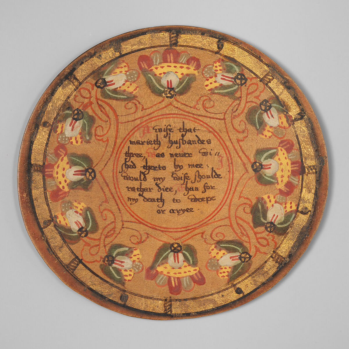 Trencher (one of a set), Oak and sycamore woods, painted, silvered and yellow varnished; inscription: ink (animal or vegetable), British