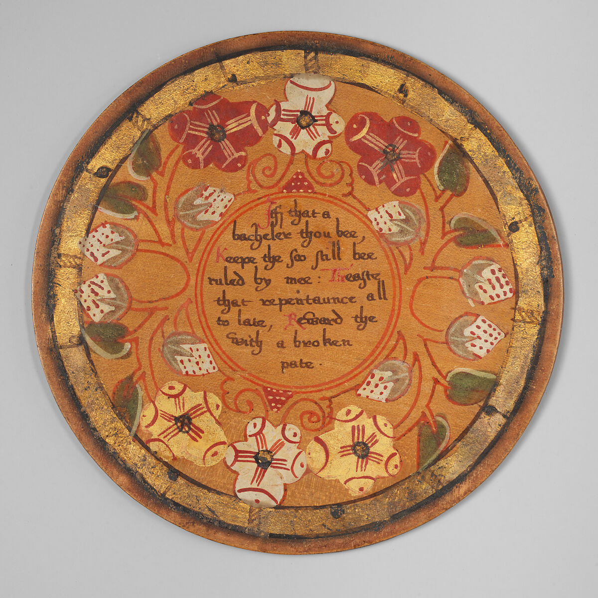 Trencher (one of a set), Oak and sycamore woods, painted, silvered and yellow varnished; inscription: ink (animal or vegetable), British 