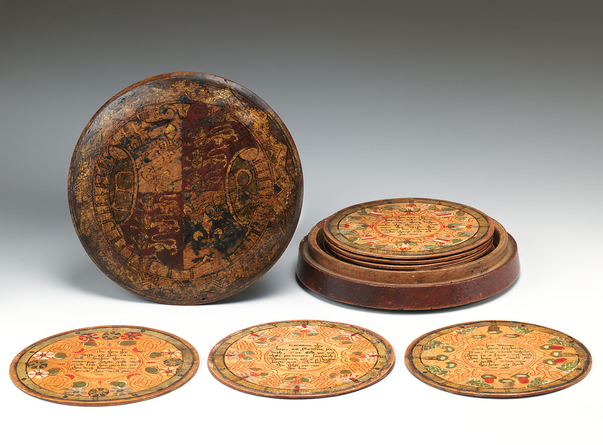 Trencher (one of a set), Oak and sycamore woods, painted, silvered and yellow varnished; inscription: ink (animal or vegetable), British