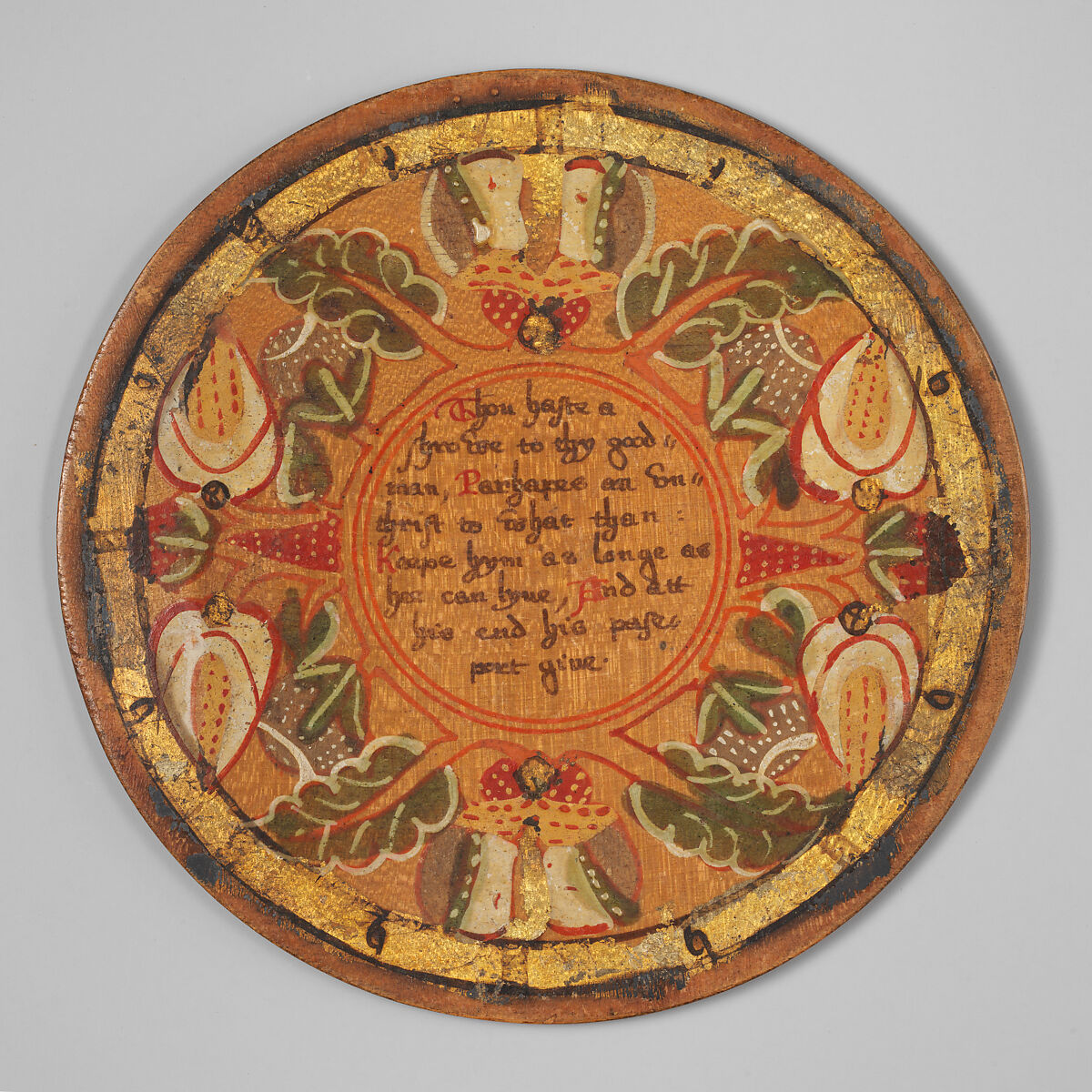 Trencher (one of a set), Oak and sycamore woods, painted, silvered and yellow varnished; inscription: ink (animal or vegetable), British 