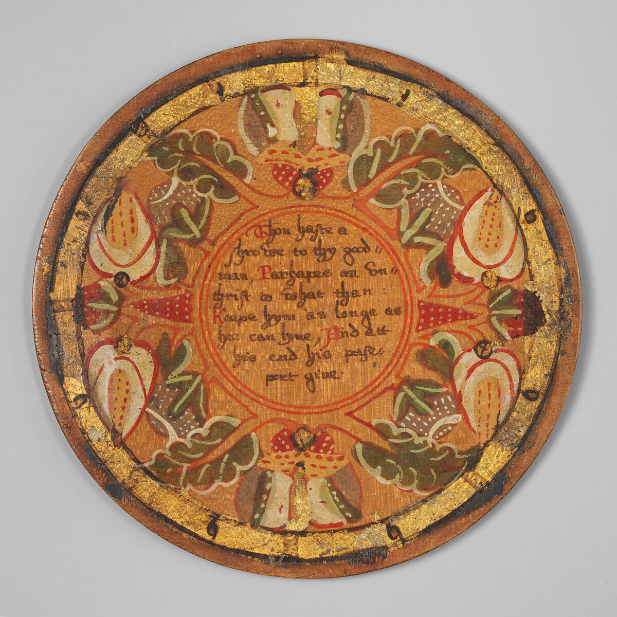 Trencher (one of a set), Oak and sycamore woods, painted, silvered and yellow varnished; inscription: ink (animal or vegetable), British