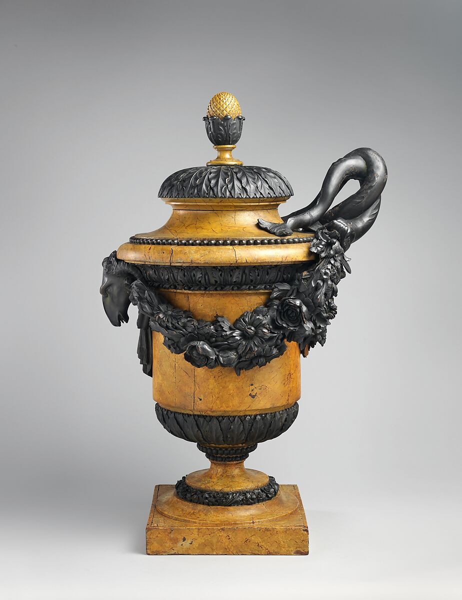 Neoclassical vase (one of a pair), Pine, marbleized and carved, French 