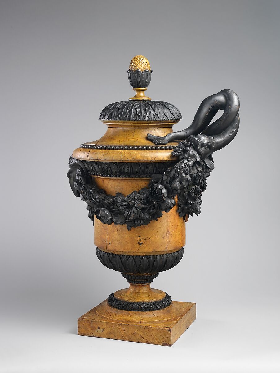Neoclassical vase (one of a pair), Pine, marbleized and carved, French