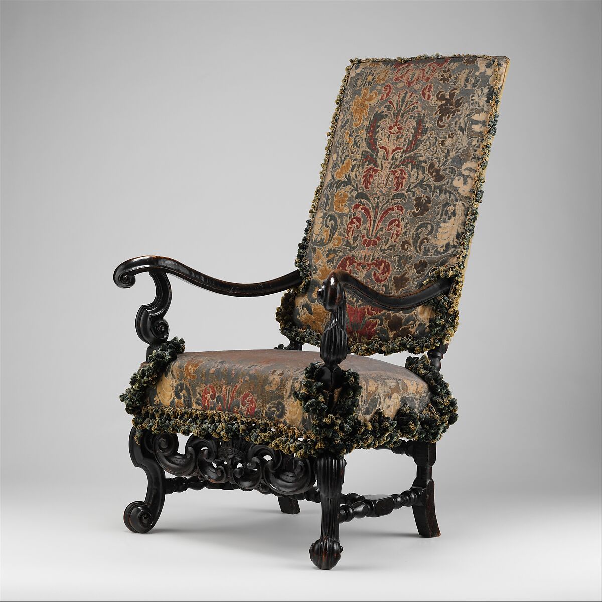 Upholstered armchair, originally from a set of eight, from Burley-on-the-Hill, Rutland (one of a pair), Attributed to Thomas Roberts (active 1685–1714), Ebonized beechwood, Genoese cut-velvet covers (original to the chair), British 