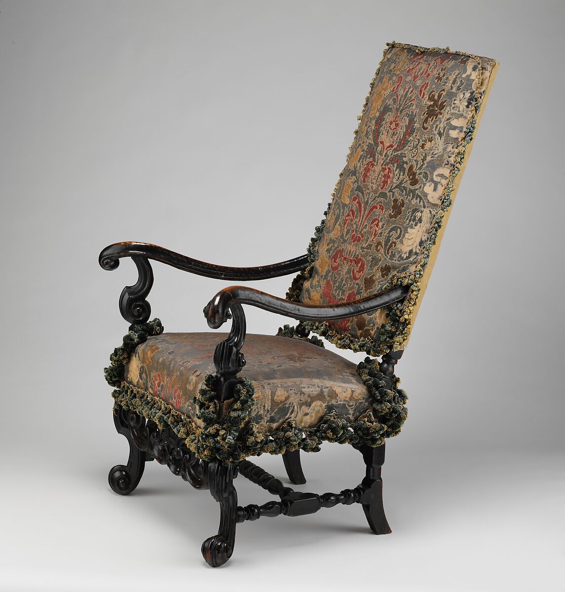 Upholstered armchair, originally from a set of eight, from Burley-on-the-Hill, Rutland (one of a pair), Attributed to Thomas Roberts (active 1685–1714), Ebonized beechwood, Genoese cut-velvet covers (original to the chair), British