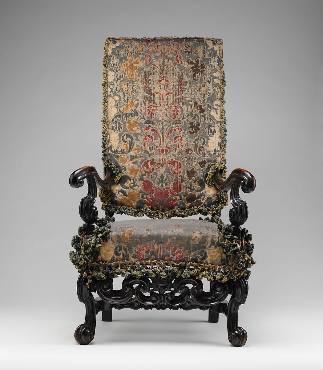Upholstered armchair, originally from a set of eight, from Burley-on-the-Hill, Rutland (one of a pair), Attributed to Thomas Roberts (active 1685–1714), Ebonized beechwood, Genoese cut-velvet covers (original to the chair), British