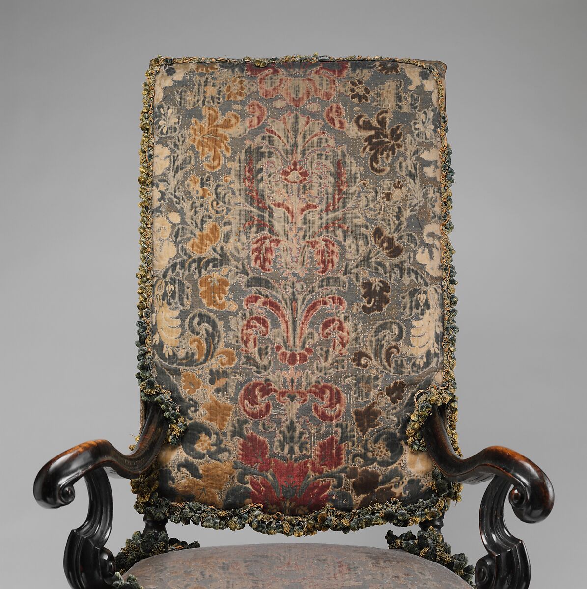 Upholstered armchair, originally from a set of eight, from Burley-on-the-Hill, Rutland (one of a pair), Attributed to Thomas Roberts (active 1685–1714), Ebonized beechwood, Genoese cut-velvet covers (original to the chair), British