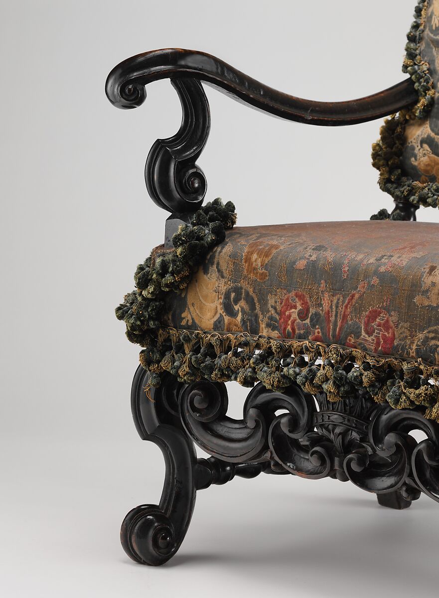 Upholstered armchair, originally from a set of eight, from Burley-on-the-Hill, Rutland (one of a pair), Attributed to Thomas Roberts (active 1685–1714), Ebonized beechwood, Genoese cut-velvet covers (original to the chair), British