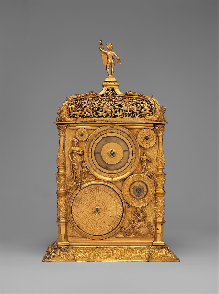 Astronomical table clock, Movement probably by Jeremias Metzger (German, ca. 1525–ca. 1597), Case and dials: gilded brass; Movement: iron, German, Augsburg