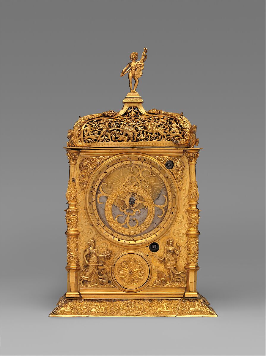 Astronomical table clock, Movement probably by Jeremias Metzger (German, ca. 1525–ca. 1597), Case and dials: gilded brass; Movement: iron, German, Augsburg