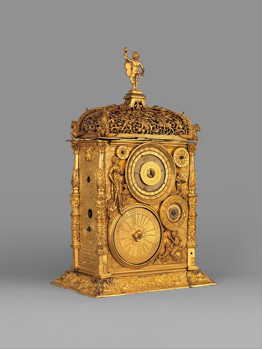 Astronomical table clock, Movement probably by Jeremias Metzger (German, ca. 1525–ca. 1597), Case and dials: gilded brass; Movement: iron, German, Augsburg