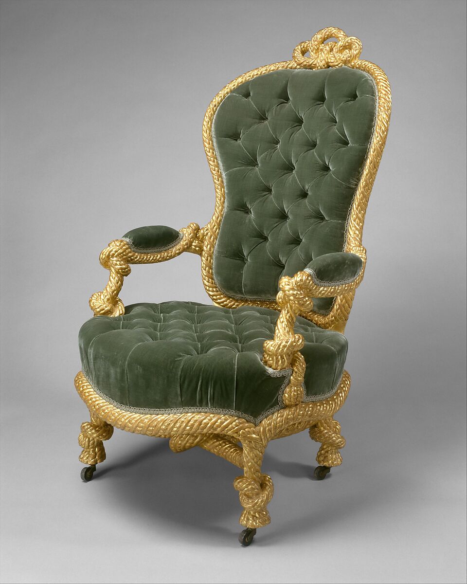 Armchair, Manner of A. M. E. Fournier (French, active after 1850), Gilded wood, upholstered in modern green tufted velvet, French, probably Paris 